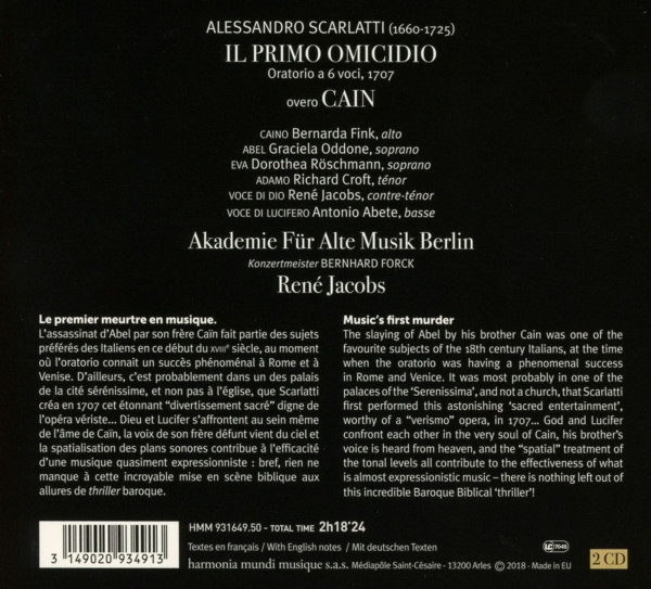 Rückseite der Aufnahme „Scarlatti Il primo omicidio“ unter René Jacobs mit Werkbeschreibung.