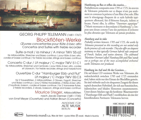 Texte zu den Werken, eine Trackliste und Angaben zu den Mitwirkenden. Darüber ein historisches Gemälde einer Hafenszene.