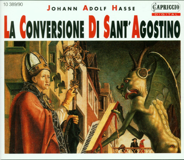 Albumcover mit farbigem historischen Gemälde: ein Bischof und ein dämonisches Wesen stehen sich gegenüber. Oben der große italienische Titel des Oratoriums.
