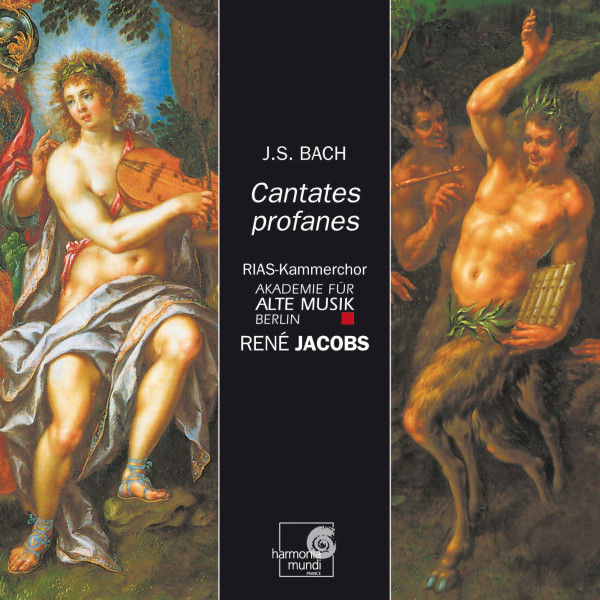 CD‑Cover zu Bachs weltlichen Kantaten mit barocken Gemäldeszenen und Angaben zu RIAS‑Kammerchor, Akademie für Alte Musik Berlin und René Jacobs.