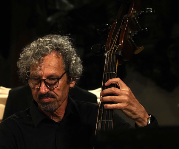 Eine Person mit grauen Locken und Brille schaut nach unten. In der Hand hält sie den Hals eines Kontrabasses.